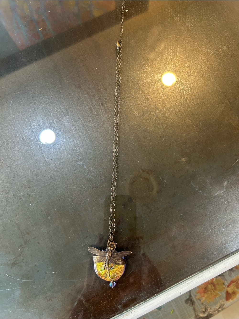 Dragonfly Pendant Necklace with Iridescent Yellow Glass